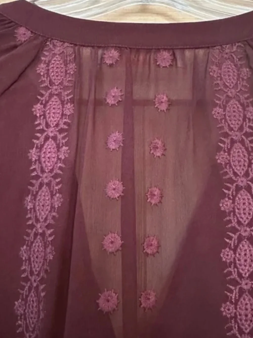 Tory Burch Silk Chiffon Embroidered Blouse Burgundy Boho Sheer Top S NWOT